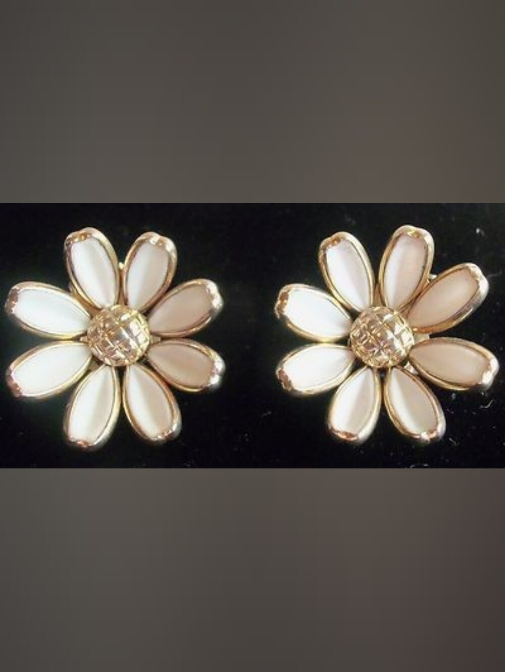 Trifari Vintage White Milk Glass Petals Gold-Tone Clip Earrings